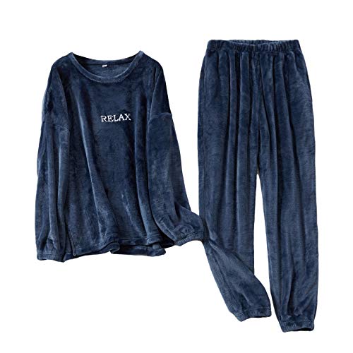Pijama Unisex Hombre y Mujer a Juego Forro Polar Pijama 2 Piezas Conjuntos de Parejas para Invierno Ropa de Casa Manga Larga y Pantalones Largos (Azul Marino, XL)
