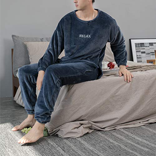 Pijama Unisex Hombre y Mujer a Juego Forro Polar Pijama 2 Piezas Conjuntos de Parejas para Invierno Ropa de Casa Manga Larga y Pantalones Largos (Azul Marino, XL)