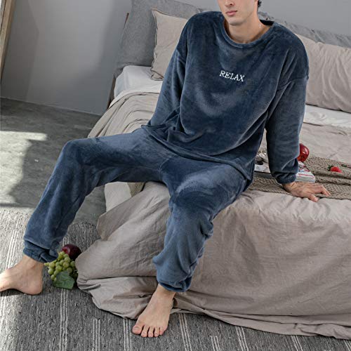 Pijama Unisex Hombre y Mujer a Juego Forro Polar Pijama 2 Piezas Conjuntos de Parejas para Invierno Ropa de Casa Manga Larga y Pantalones Largos (Azul Marino, XL)