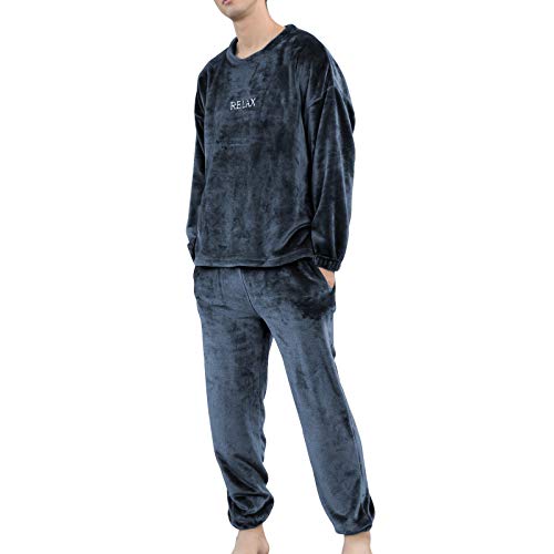 Pijama Unisex Hombre y Mujer a Juego Forro Polar Pijama 2 Piezas Conjuntos de Parejas para Invierno Ropa de Casa Manga Larga y Pantalones Largos (Azul Marino, XL)