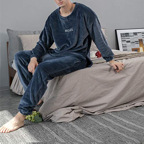 Pijama Unisex Hombre y Mujer a Juego Forro Polar Pijama 2 Piezas Conjuntos de Parejas para Invierno Ropa de Casa Manga Larga y Pantalones Largos (Azul Marino, XL)