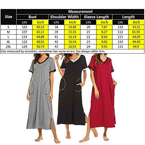 Pijamas de Manga Corta Mujer Camisón Verano Vestido de Dormir Camisa de Noche con Cuello en V Suelto Verano Largo Camisón para Mujer Camisónes con Bolsillo