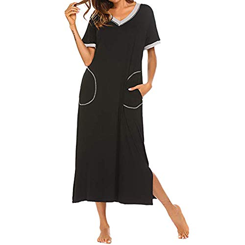 Pijamas de Manga Corta Mujer Camisón Verano Vestido de Dormir Camisa de Noche con Cuello en V Suelto Verano Largo Camisón para Mujer Camisónes con Bolsillo