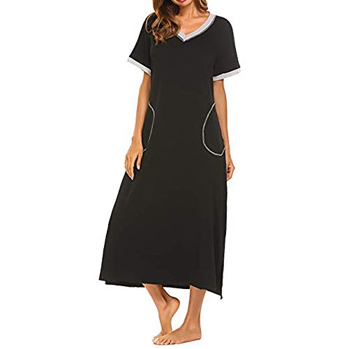 Pijamas de Manga Corta Mujer Camisón Verano Vestido de Dormir Camisa de Noche con Cuello en V Suelto Verano Largo Camisón para Mujer Camisónes con Bolsillo