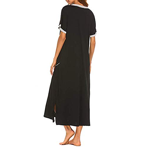 Pijamas de Manga Corta Mujer Camisón Verano Vestido de Dormir Camisa de Noche con Cuello en V Suelto Verano Largo Camisón para Mujer Camisónes con Bolsillo