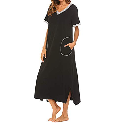 Pijamas de Manga Corta Mujer Camisón Verano Vestido de Dormir Camisa de Noche con Cuello en V Suelto Verano Largo Camisón para Mujer Camisónes con Bolsillo