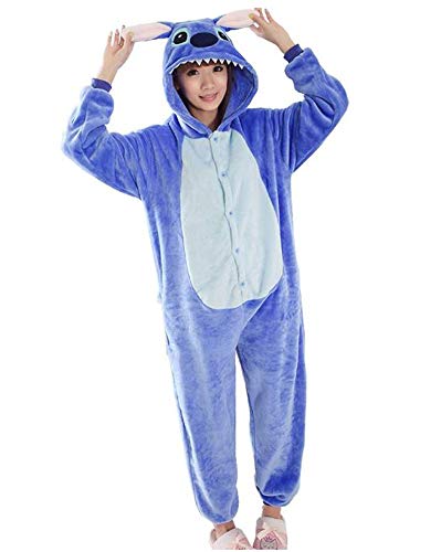 Pijamas Disfraces Onesie Animal Adultos Kigurumi Carnaval Halloween o Fiesta Espectáculo Navideño Mono Cosplay Ropa Interior de Zoológico Invierno Unisex Mujeres y Hombres (Stitch Azul, S)