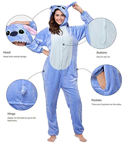 Pijamas Disfraces Onesie Animal Adultos kigurumi Carnaval Halloween o Fiesta Espectáculo Navideño Mono Cosplay Ropa Interior de Zoológico Invierno Unisex Mujeres y Hombres - S - Stitch Azzurro