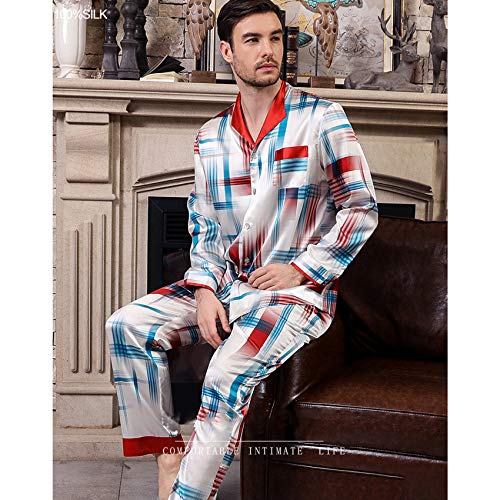Pijamas Hombre 100% Seda De Morera Manga Larga Conjunto De Pijama para Hombre Pantalones Largo Ropa De Casa 2 Piezas Otoño E Invierno L,XL,XXL,Rojo,XL