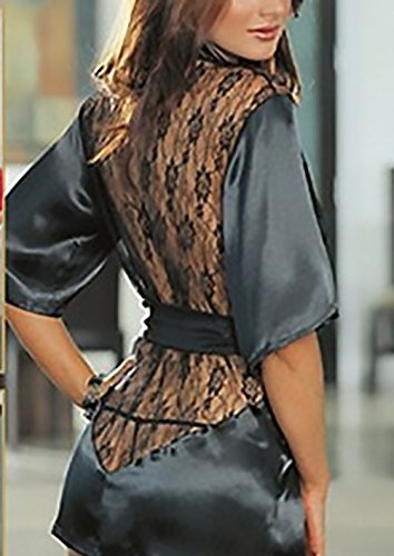 Pijamas Mujer Bata Seda De Imitación Elegante con Encaje Tentación Erótica Espalda Descubierta Corto Albornoz Kimono Lenceria Túnica Camisones