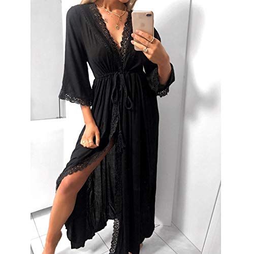 Pijamas Mujer Camisón Bata Larga para Mujer Homewear Suave Y Hueco Encaje Atar La Cintura Delgado Casual Largo Suelto Vestido De Baño con Cuello En V Festa XL Negro
