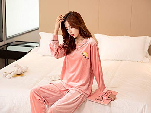 Pijamas Mujer Camisón Conjuntos De Pijama De Terciopelo Dorado con Cuello En V De Manga Larga De Talla Grande para Mujer Otoño Invierno Ropa De Dormir Traje Pijama Homewear Pijama Ropa M Rosa