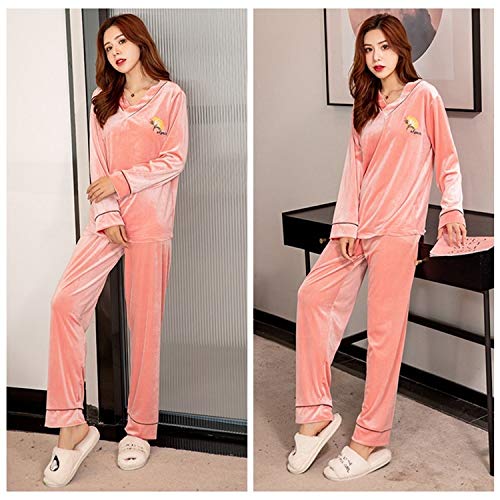 Pijamas Mujer Camisón Conjuntos De Pijama De Terciopelo Dorado con Cuello En V De Manga Larga De Talla Grande para Mujer Otoño Invierno Ropa De Dormir Traje Pijama Homewear Pijama Ropa M Rosa