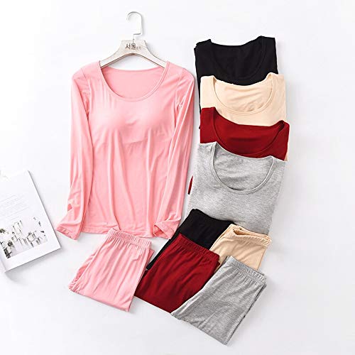 Pijamas Mujer Camisón Otoño Invierno Modal Conjuntos De Pijamas Mujer Top Acolchado Camiseta De Manga Larga con Cuello Redondo Camiseta All Match Camiseta Larga Sujetador-T Homewear XXL Natural
