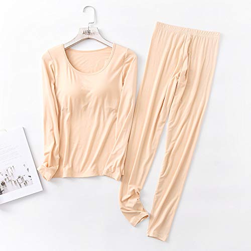 Pijamas Mujer Camisón Otoño Invierno Modal Conjuntos De Pijamas Mujer Top Acolchado Camiseta De Manga Larga con Cuello Redondo Camiseta All Match Camiseta Larga Sujetador-T Homewear XXL Natural