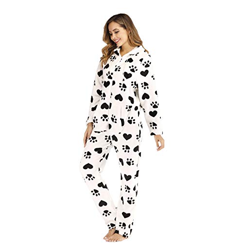 Pijamas Mujer Camisón Pijamas De Franela Mujer Ropa De Dormir con Estampado Fleece Otoño Invierno Conjunto De Pijama Monos S Blanco