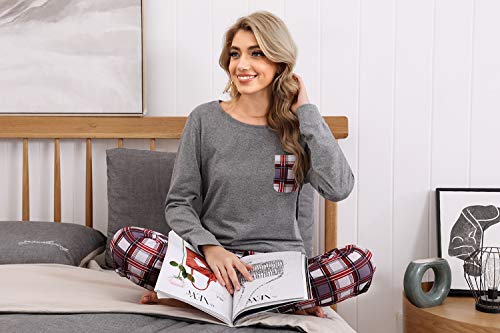 Pijamas Mujer Conjunto de Pijama a Cuadros para Dama Pjs Top Ropa de Dormir Camisa y Pantalones con Bolsillo Manga Larga Soft Lounge Sets Ropa de Cama Loungewear (B# Gris, 2XL)