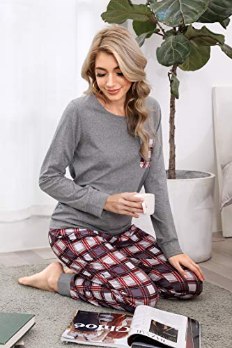 Pijamas Mujer Conjunto de Pijama a Cuadros para Dama Pjs Top Ropa de Dormir Camisa y Pantalones con Bolsillo Manga Larga Soft Lounge Sets Ropa de Cama Loungewear (B# Gris, 2XL)