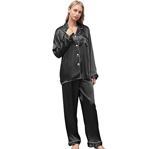 Pijamas Mujer de Satén, Pijamas Set Manga Larga Elegante y Moda, Conjunto de 2 Piezas Pijamas Seda para Mujer, Ropa de Dormir Suave y Sedosa para Invierno, Primavera, Otoño, Verano (Negro, L)