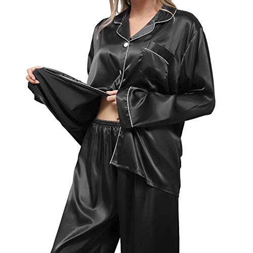 Pijamas Mujer de Satén, Pijamas Set Manga Larga Elegante y Moda, Conjunto de 2 Piezas Pijamas Seda para Mujer, Ropa de Dormir Suave y Sedosa para Invierno, Primavera, Otoño, Verano (Negro, L)