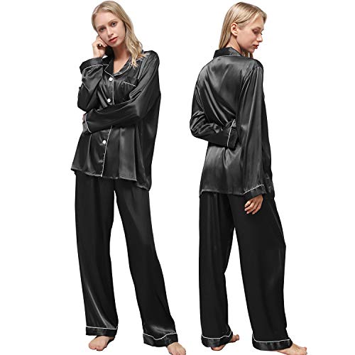 Pijamas Mujer de Satén, Pijamas Set Manga Larga Elegante y Moda, Conjunto de 2 Piezas Pijamas Seda para Mujer, Ropa de Dormir Suave y Sedosa para Invierno, Primavera, Otoño, Verano (Negro, L)