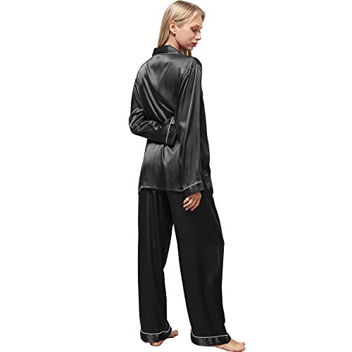 Pijamas Mujer de Satén, Pijamas Set Manga Larga Elegante y Moda, Conjunto de 2 Piezas Pijamas Seda para Mujer, Ropa de Dormir Suave y Sedosa para Invierno, Primavera, Otoño, Verano (Negro, L)