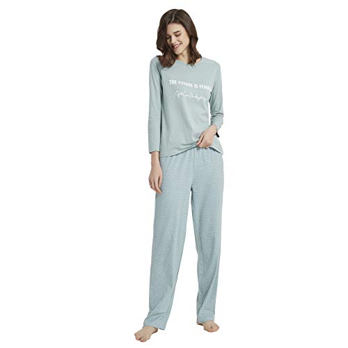 PimpamTex – Pijama de Mujer Invierno Algodón de Otoño-Invierno Camiseta Manga Larga y Pantalón Largo Estampados de Tacto Suave (S, Tango Verde)