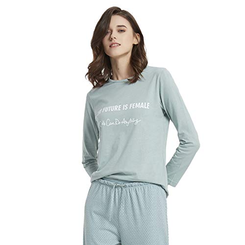 PimpamTex – Pijama de Mujer Invierno Algodón de Otoño-Invierno Camiseta Manga Larga y Pantalón Largo Estampados de Tacto Suave (S, Tango Verde)