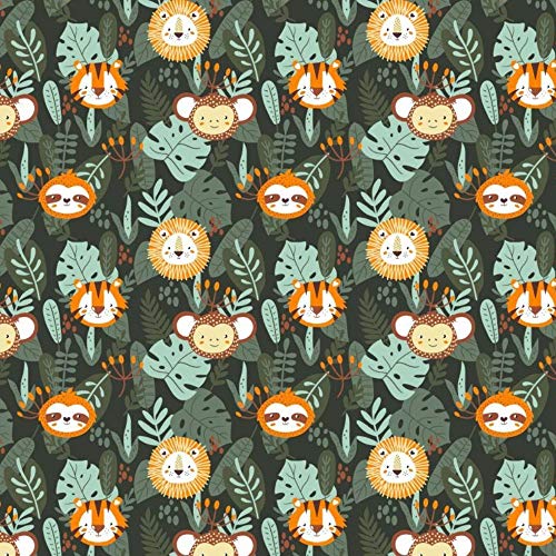 Pingianer Tela de algodón 100 % para niños, diseño de mono perezoso, león, selva, por metros, artesanía, tela de costura, 300 x 160 cm