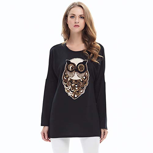 PKYGXZ Camiseta con Lentejuelas de búho para Mujer, Cuello Redondo, Manga de murciélago, Jersey de Manga Larga, Sudadera, Camisetas Deportivas para Mujer, Blusas, Top