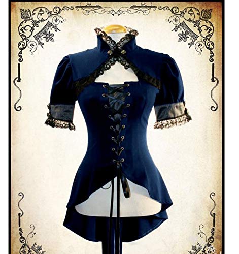 planuuik Steampunk Mujeres Moda Manga Corta Encaje Camiseta Tops Vintage Victoriano Encaje Camisa Sexy Blusa Slim Fit Medieval Larp Ropa Traje de Cosplay