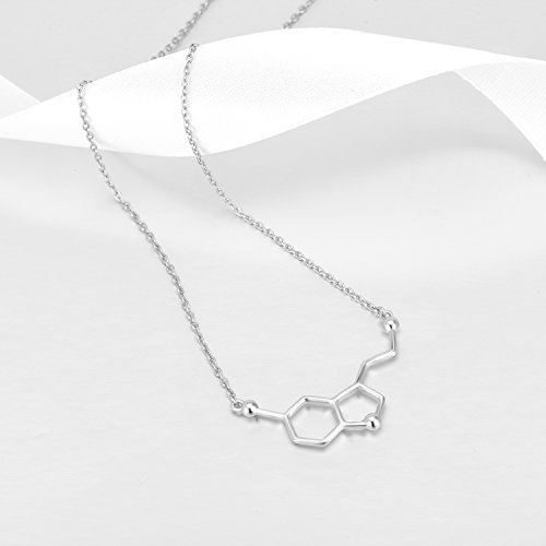 Plata de Ley Collar de Molécula de Serotonina Chapado en Oro Blanco, Felicidad Neurotransmisor Collar, Química Orgánica Joyería para los Amantes de Ciencia Regalos