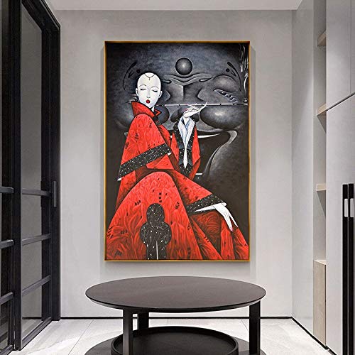 PLjVU Vintage niña China Lienzo Pintura Rojo japonés Vestido Moderno Imagen de Arte de Pared para Sala de Estar-Sin marco30x45cm