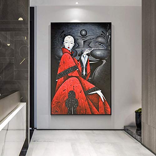 PLjVU Vintage niña China Lienzo Pintura Rojo japonés Vestido Moderno Imagen de Arte de Pared para Sala de Estar-Sin marco30x45cm