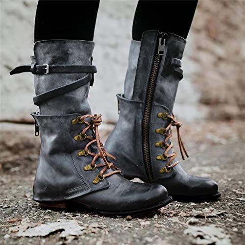 Posional Botas Retro Mujer Navidad Zapatos Casuales con Cordones de Punta Redonda de Cuero para Ladies Botas Cómodas de Caballero de Moda de Tacón Bajo Outdoor Trekking Zapatos
