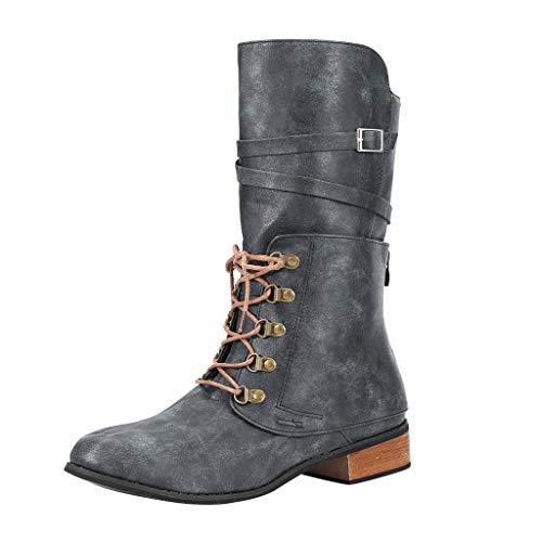 Posional Botas Retro Mujer Navidad Zapatos Casuales con Cordones de Punta Redonda de Cuero para Ladies Botas Cómodas de Caballero de Moda de Tacón Bajo Outdoor Trekking Zapatos