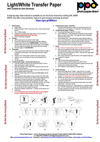 PPD A4 x 20 Hojas de Papel de Transferencia Térmica Para Camisetas, Mascarillas y Tejidos Blancos o Claros - Para Impresora de Inyección de Tinta Inkjet - PPD-1-20