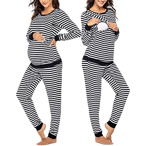 Premamá Pijama Conjunto Camiseta y Leggins Lactancia Maternidad Mujer Invierno de Manga Larga Pijamas Premamá Embarazadas Algodón Conjunto de Maternidad para Mujer STRIR (XL, Negro)