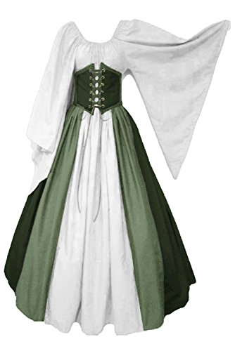 prettycos Disfraz medieval para mujer, vestido renacentista, vestido blanco de cintura alta con mangas acampanadas y cordón de algodón