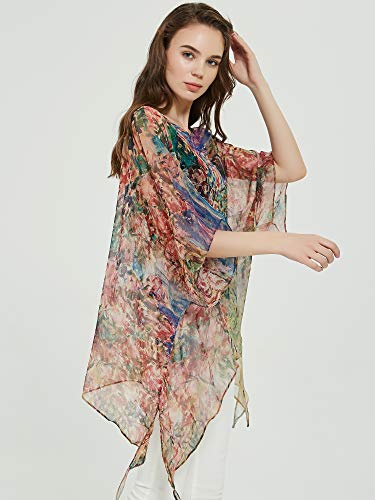 prettystern 100% Seda Poncho túnica Kimono Verano Blusa Beach Top Abrigo Claude Monet House Debajo de Las Rosas
