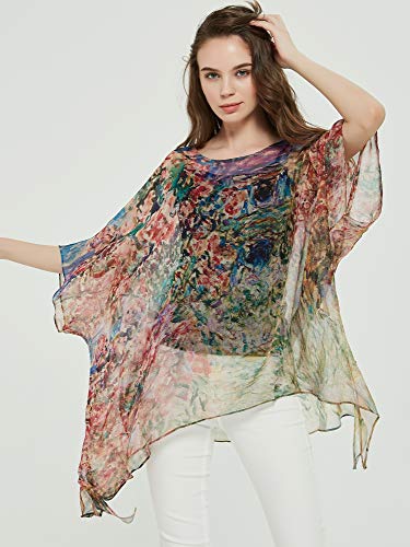 prettystern 100% Seda Poncho túnica Kimono Verano Blusa Beach Top Abrigo Claude Monet House Debajo de Las Rosas
