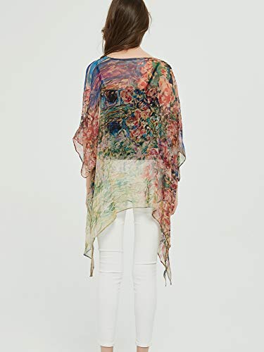 prettystern 100% Seda Poncho túnica Kimono Verano Blusa Beach Top Abrigo Claude Monet House Debajo de Las Rosas