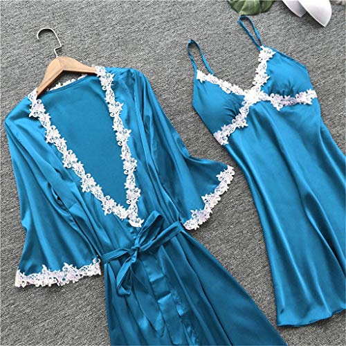 Proumy Conjunto Pijamas Mujer Verano Batas Sexy de Seda 5 Piezas Sets Camisola de Tiras Pantalones y Calzoncillos Kimono Cuello V Larga Chaleco de Encaje Floral Blanca Ropa de Dormir Vestido Azul