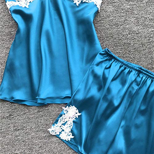 Proumy Conjunto Pijamas Mujer Verano Batas Sexy de Seda 5 Piezas Sets Camisola de Tiras Pantalones y Calzoncillos Kimono Cuello V Larga Chaleco de Encaje Floral Blanca Ropa de Dormir Vestido Azul