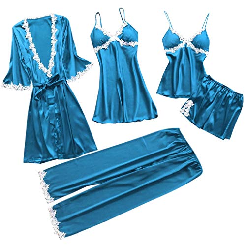 Proumy Conjunto Pijamas Mujer Verano Batas Sexy de Seda 5 Piezas Sets Camisola de Tiras Pantalones y Calzoncillos Kimono Cuello V Larga Chaleco de Encaje Floral Blanca Ropa de Dormir Vestido Azul