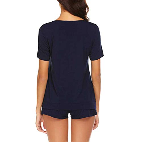 Proumy Pijama Azul Básica Mujer Verano Camiseta Sólida con Calzoncillos Blusa Talla Grande Conjunto de Camisa Transpirable Dos Piezas de Batas Largas Ropa de Dormir Cómoda con Manga Corta