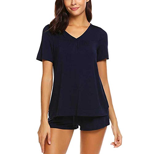 Proumy Pijama Azul Básica Mujer Verano Camiseta Sólida con Calzoncillos Blusa Talla Grande Conjunto de Camisa Transpirable Dos Piezas de Batas Largas Ropa de Dormir Cómoda con Manga Corta