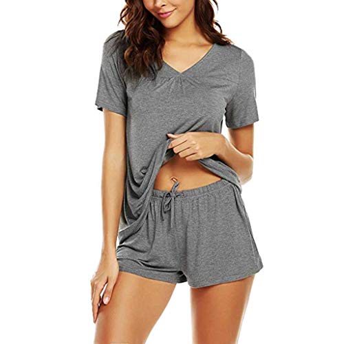 Proumy Pijama Gris Básica Mujer Verano Camiseta Sólida con Calzoncillos Blusa Talla Grande Conjunto de Camisa Transpirable Dos Piezas de Batas Largas Ropa de Dormir Cómoda con Manga Corta