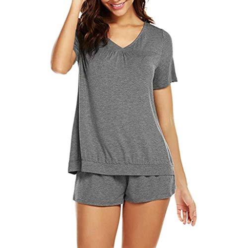 Proumy Pijama Gris Básica Mujer Verano Camiseta Sólida con Calzoncillos Blusa Talla Grande Conjunto de Camisa Transpirable Dos Piezas de Batas Largas Ropa de Dormir Cómoda con Manga Corta