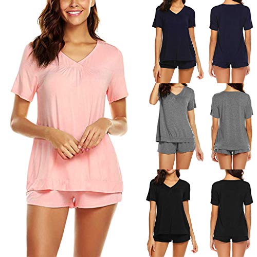 Proumy Pijama Gris Básica Mujer Verano Camiseta Sólida con Calzoncillos Blusa Talla Grande Conjunto de Camisa Transpirable Dos Piezas de Batas Largas Ropa de Dormir Cómoda con Manga Corta